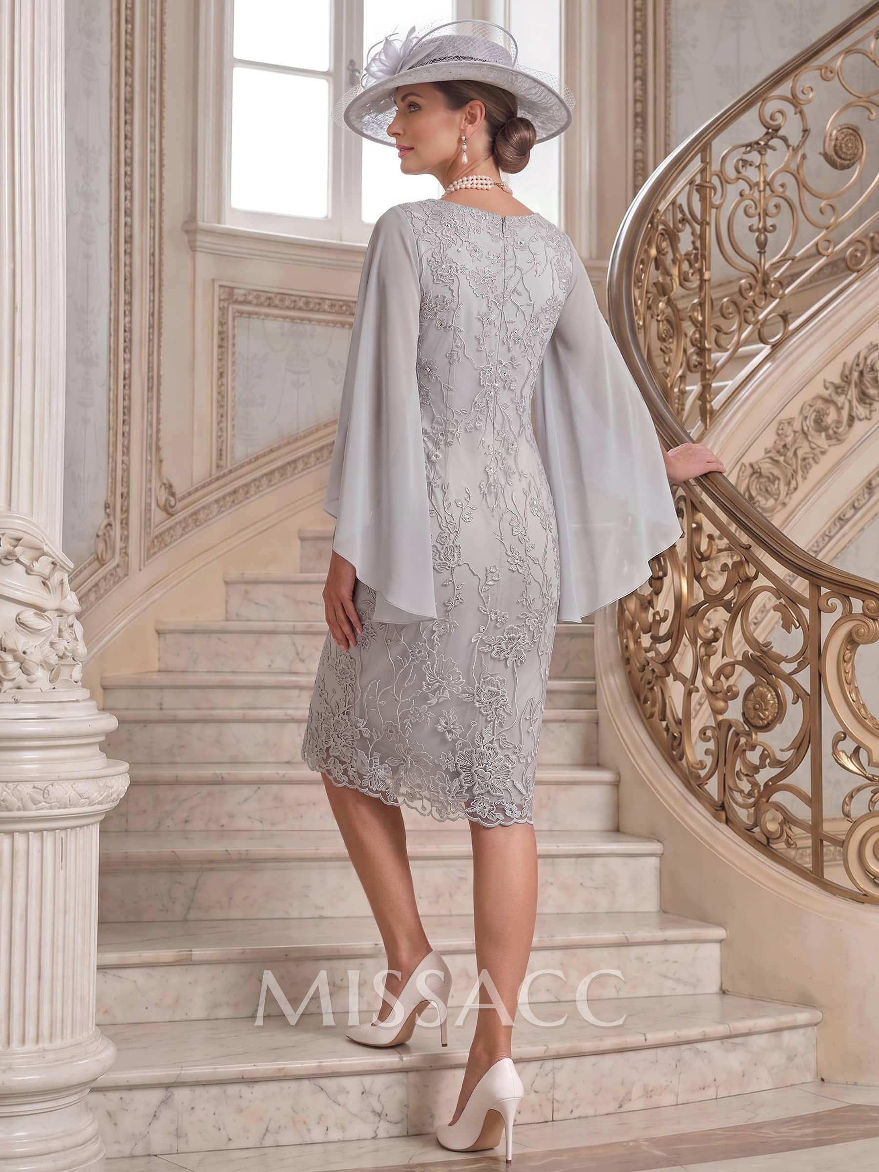 Sheath/Column Cowl Neck Cape Sleeves Knee-Length Chiffon/Lace Cocktail Dresses With Appliques Lace