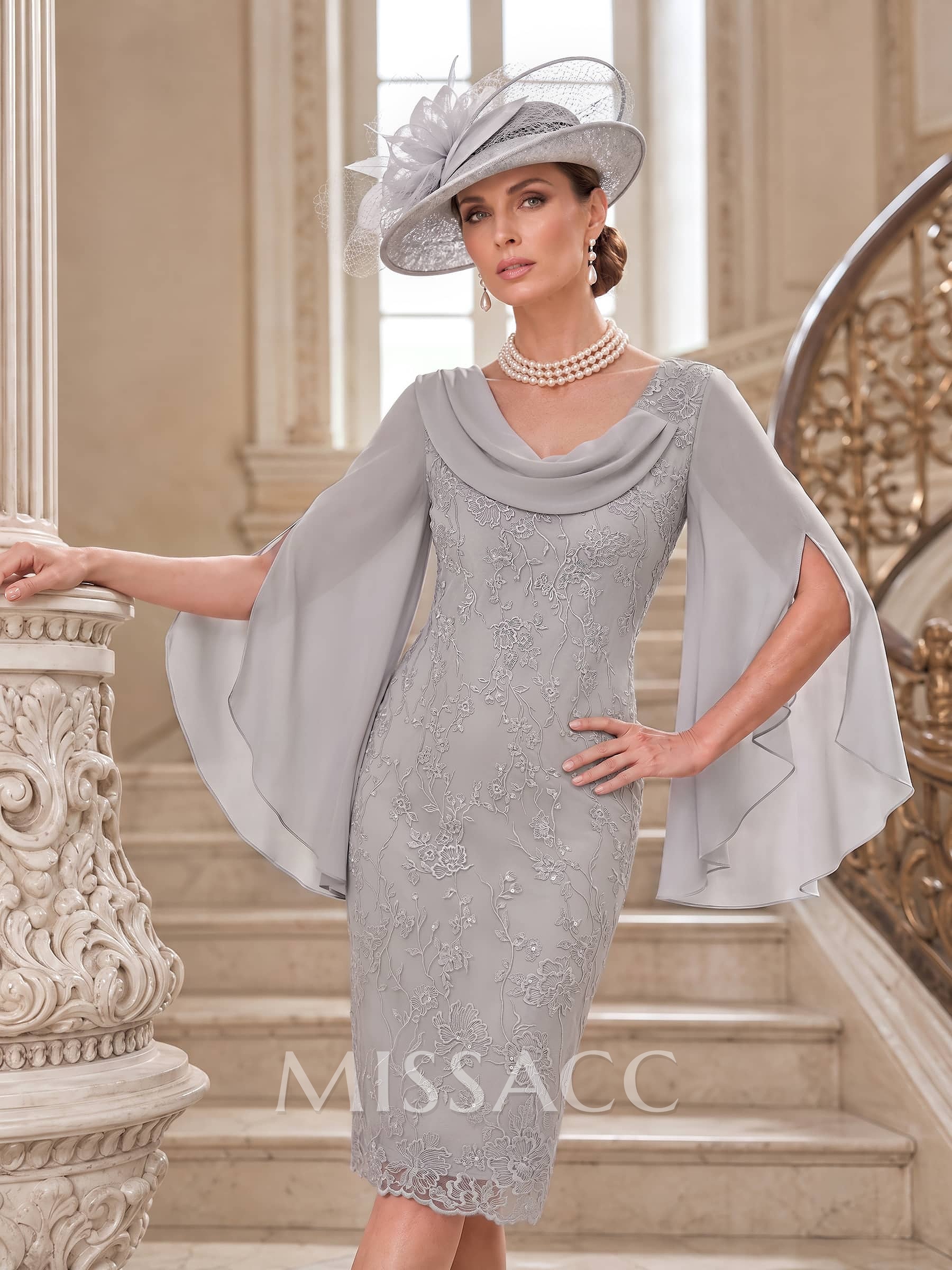 Sheath/Column Cowl Neck Cape Sleeves Knee-Length Chiffon/Lace Cocktail Dresses With Appliques Lace