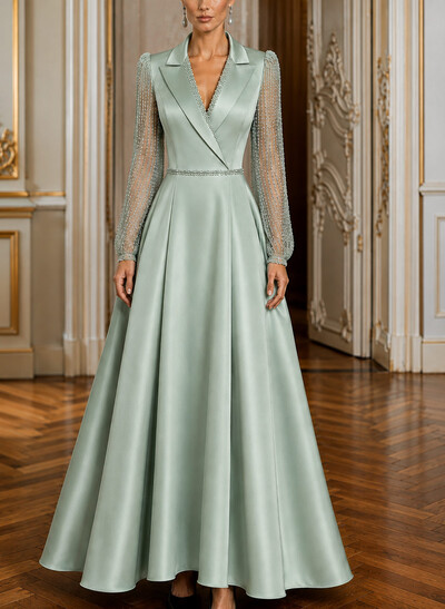 A-Line V-Neck Long Sleeves Asymmetrical Lace/Satin Evening Dresses With Beading