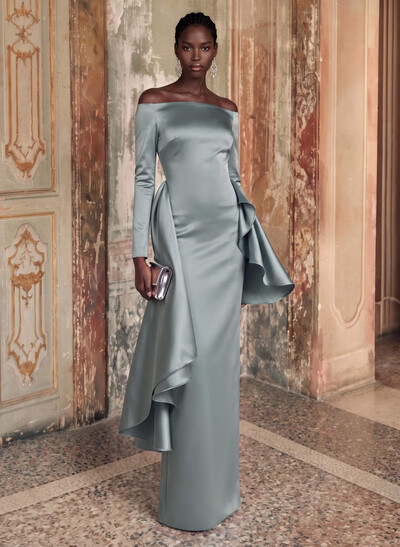 Fitted Off-The-Shoulder Long Sleeve Floor-Length Satin Evening Gown With Sweeping Side Drape