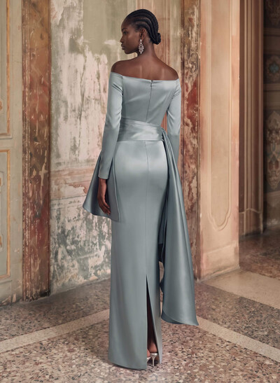 Fitted Off-The-Shoulder Long Sleeve Floor-Length Satin Evening Gown With Sweeping Side Drape