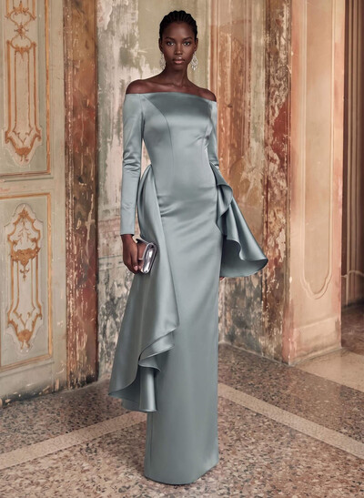 Fitted Off-The-Shoulder Long Sleeve Floor-Length Satin Evening Gown With Sweeping Side Drape