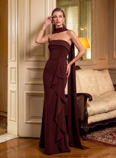 Strapless Floor-Length Stretch Satin Mermaid Evening Dress With Ruffle Detailing