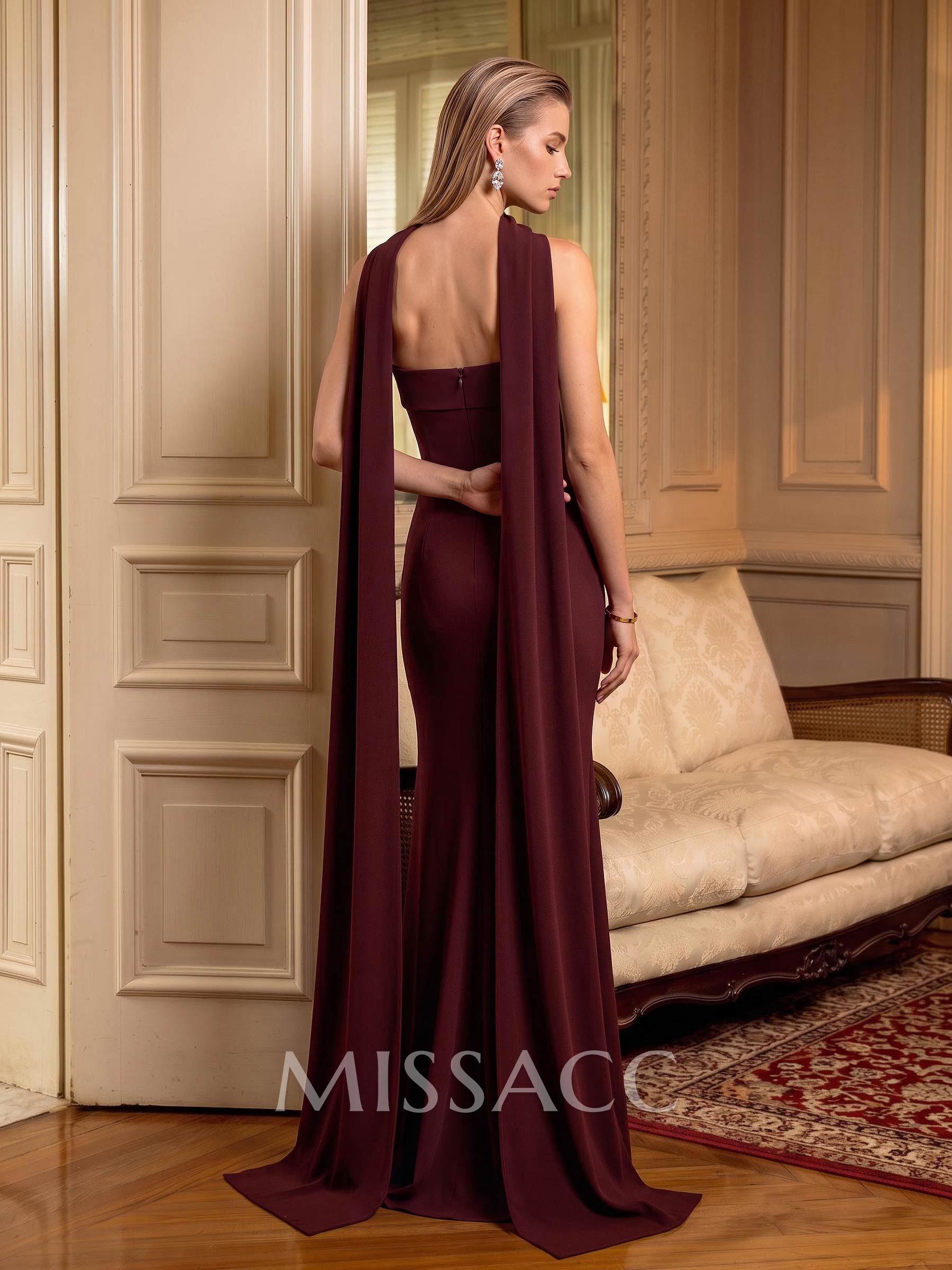 Strapless Floor-Length Stretch Satin Mermaid Evening Dress With Ruffle Detailing
