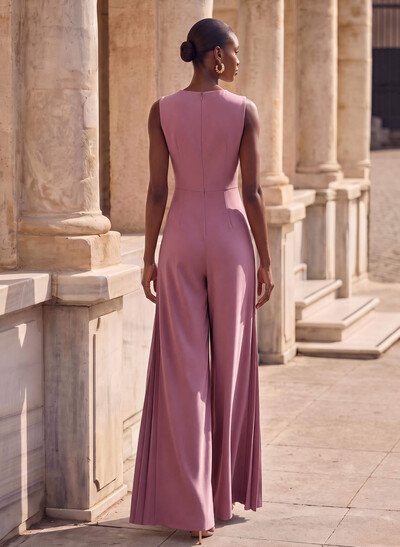 Jumpsuit/Pantsuit V-Neck Sleeveless Floor-Length Elastic Satin Evening Dresses