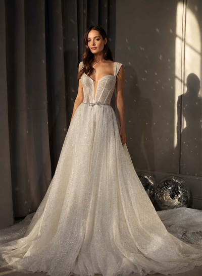 A-Line Darling Sleeveless Chapel Train Evening Dresses With Beading
