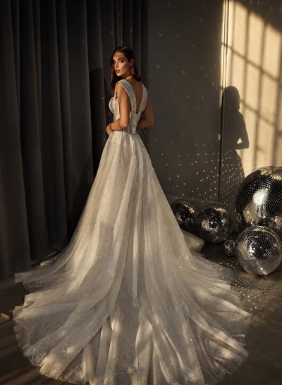 A-Line Darling Sleeveless Chapel Train Evening Dresses With Beading