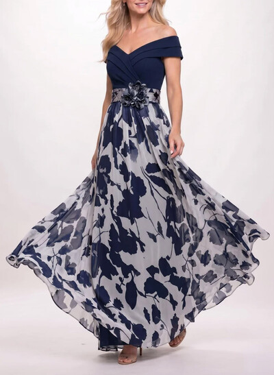 A-Line Off-The-Shoulder Sleeveless Floor-Length Stretch Chiffon Evening Dresses With Flower/Floral-Print