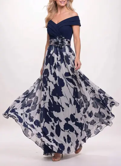 A-Line Off-The-Shoulder Sleeveless Floor-Length Stretch Chiffon Evening Dresses With Flower/Floral-Print
