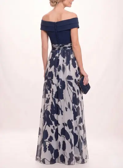 A-Line Off-The-Shoulder Sleeveless Floor-Length Stretch Chiffon Evening Dresses With Flower/Floral-Print