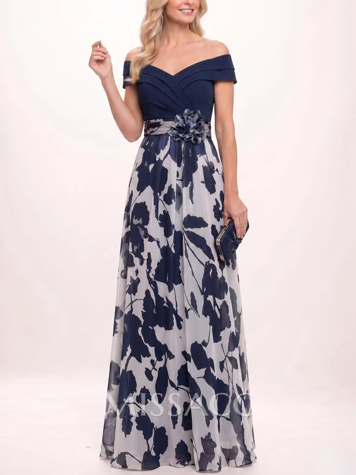 A-Line Off-The-Shoulder Sleeveless Floor-Length Stretch Chiffon Evening Dresses With Flower/Floral-Print