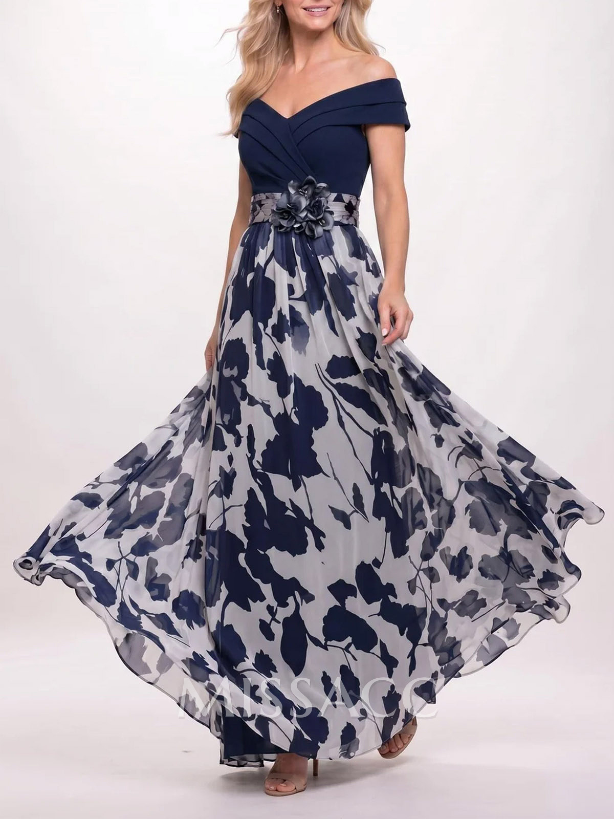 A-Line Off-The-Shoulder Sleeveless Floor-Length Stretch Chiffon Evening Dresses With Flower/Floral-Print