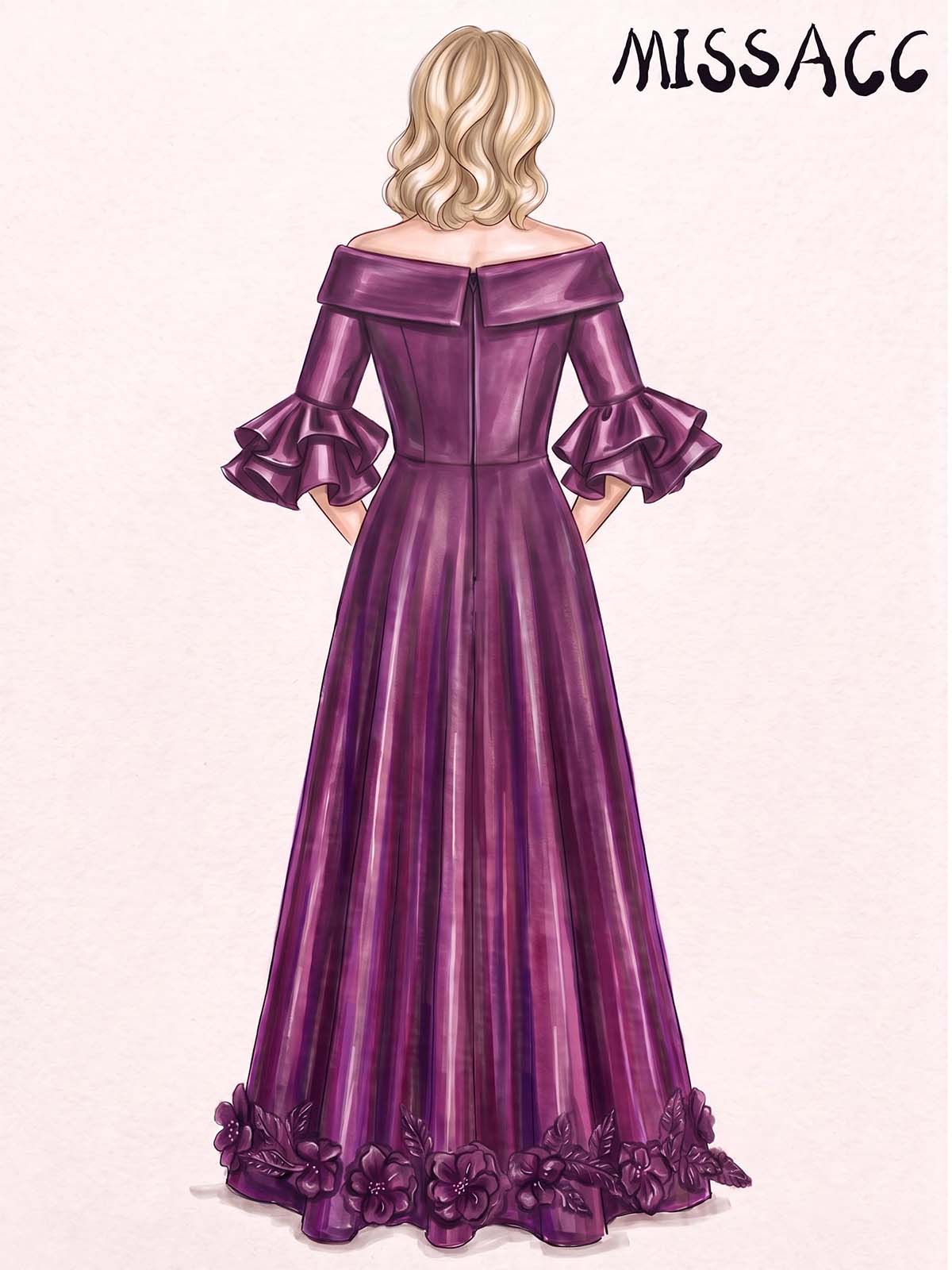 A-Line Off-The-Shoulder 1/2 Sleeves Floor-Length Satin Evening Dresses With Appliques Lace