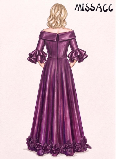A-Line Off-The-Shoulder 1/2 Sleeves Floor-Length Satin Evening Dresses With Appliques Lace