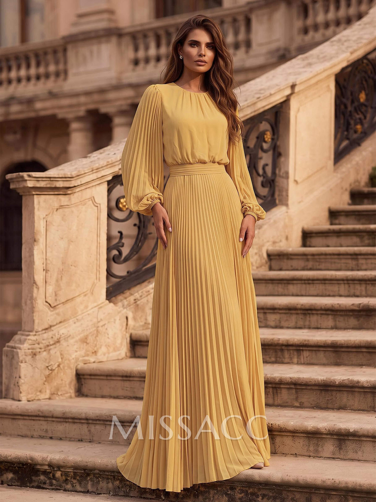 Sheath/Column Scoop Neck Long Sleeves Floor-Length Chiffon Evening Dresses With Pleated