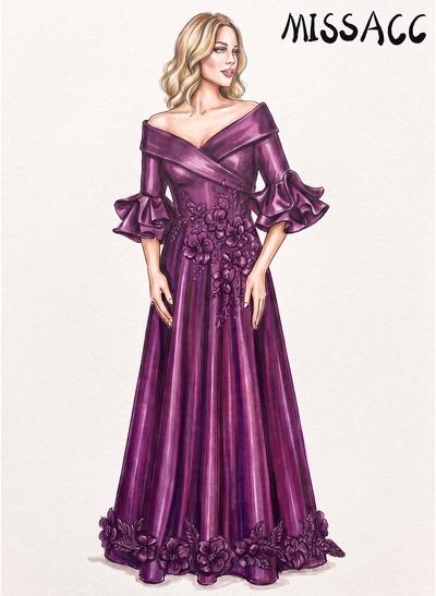 A-Line Off-The-Shoulder 1/2 Sleeves Floor-Length Satin Evening Dresses With Appliques Lace