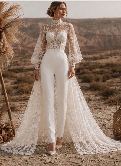 Jumpsuit/Pantsuit High Neck Long Sleeves Sweep Train Elastic Satin Evening Dresses With Appliques Lace