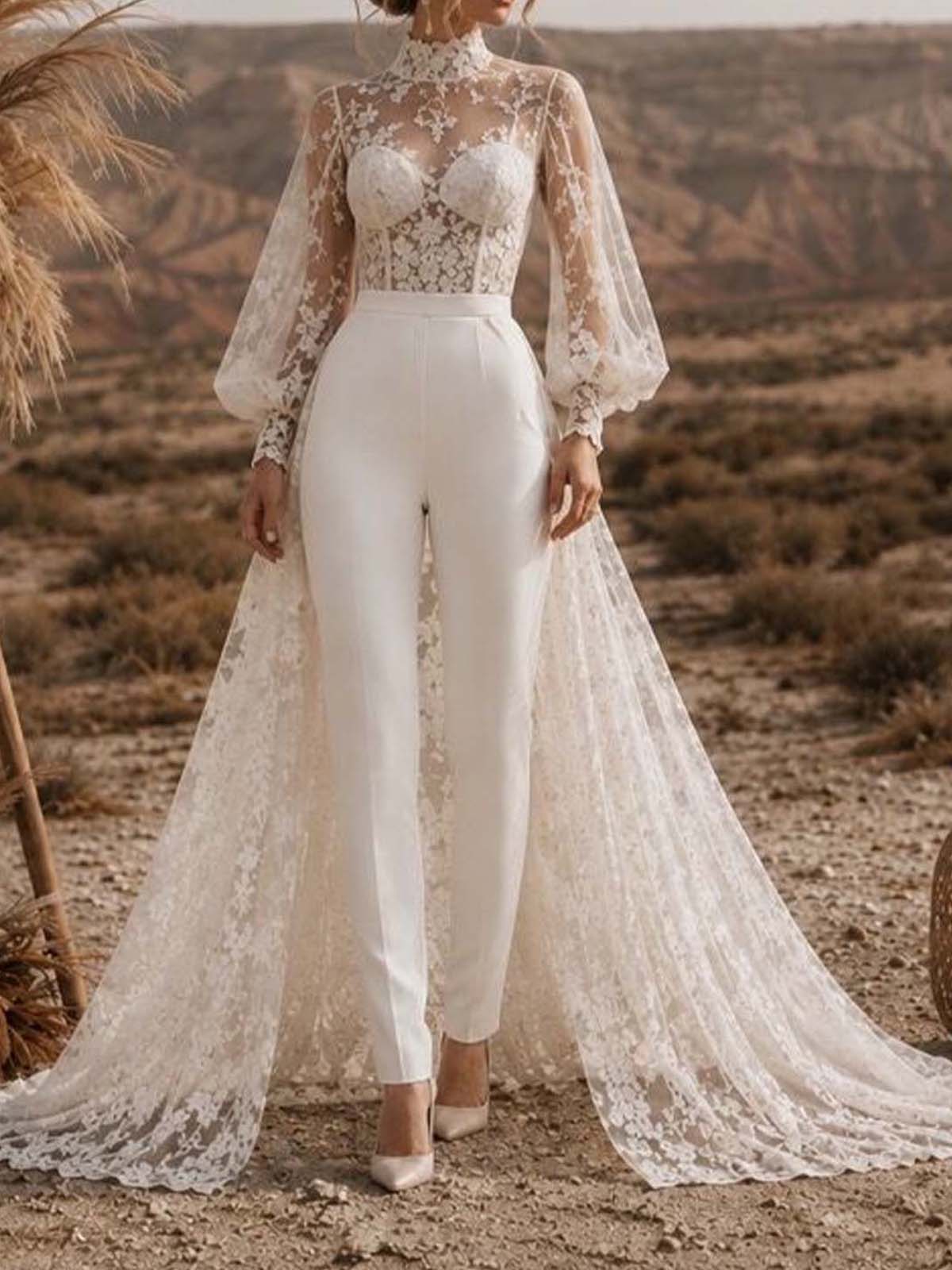 Jumpsuit/Pantsuit High Neck Long Sleeves Sweep Train Elastic Satin Evening Dresses With Appliques Lace