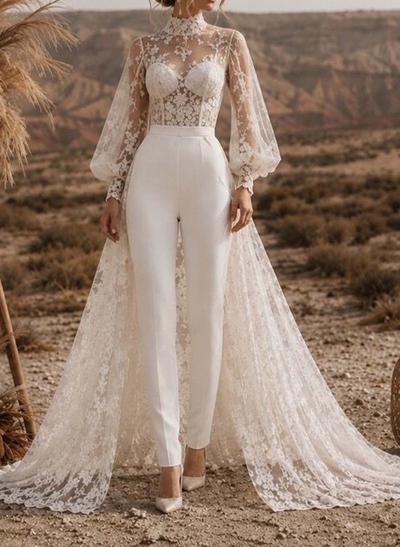 Jumpsuit/Pantsuit High Neck Long Sleeves Sweep Train Elastic Satin Evening Dresses With Appliques Lace