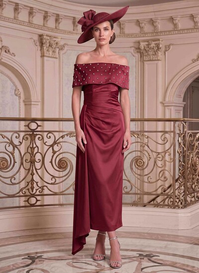 Sheath/Column Off-The-Shoulder Sleeveless Ankle-Length Satin Evening Dresses With Rhinestone