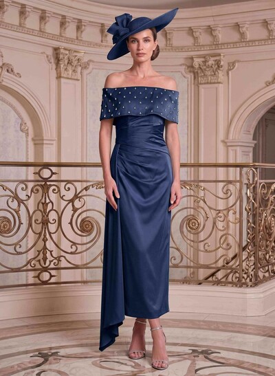 Sheath/Column Off-The-Shoulder Sleeveless Ankle-Length Satin Evening Dresses With Rhinestone