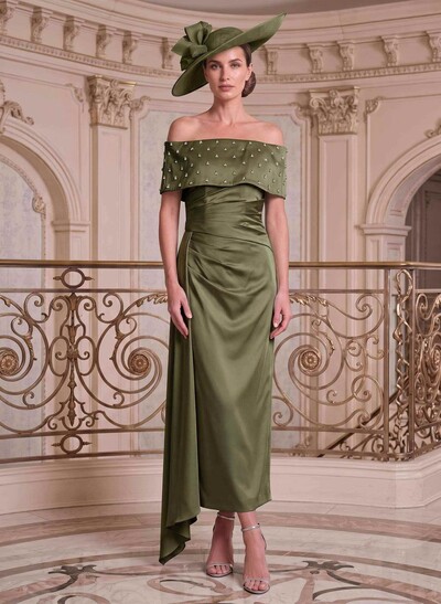 Fitted Off-The-Shoulder Sleeveless Ankle-Length Satin Formal Dress With Diamantes