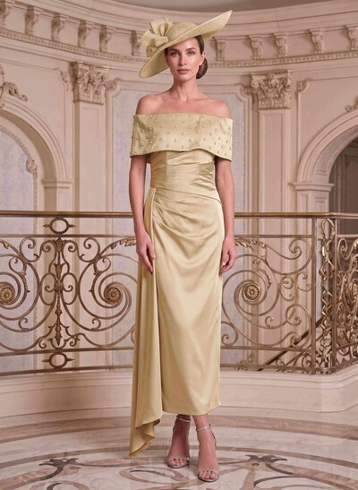 Sheath/Column Off-The-Shoulder Sleeveless Ankle-Length Satin Evening Dresses With Rhinestone