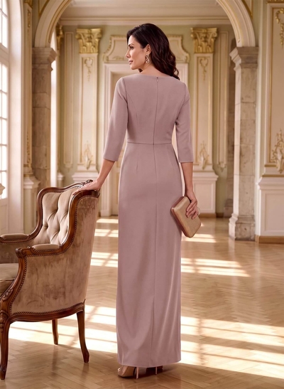 Sheath/Column V-Neck 3/4 Sleeves Floor-Length Elastic Satin Evening Dresses With Split Front
