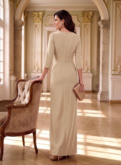Sheath/Column V-Neck 3/4 Sleeves Floor-Length Elastic Satin Evening Dresses With Split Front