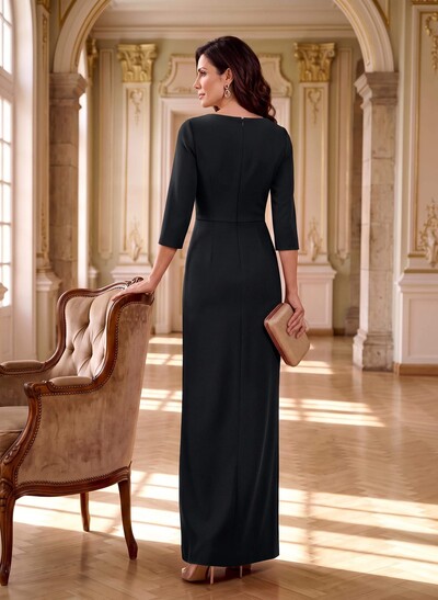Column V-Neck 3/4 Sleeve Floor-Length Stretch Satin Formal Dress With Front Split