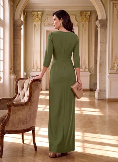 Sheath/Column V-Neck 3/4 Sleeves Floor-Length Elastic Satin Evening Dresses With Split Front