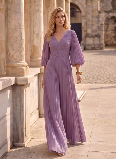 Jumpsuit/Pantsuit V-Neck 1/2 Sleeves Floor-Length Chiffon Evening Dresses With Pleated