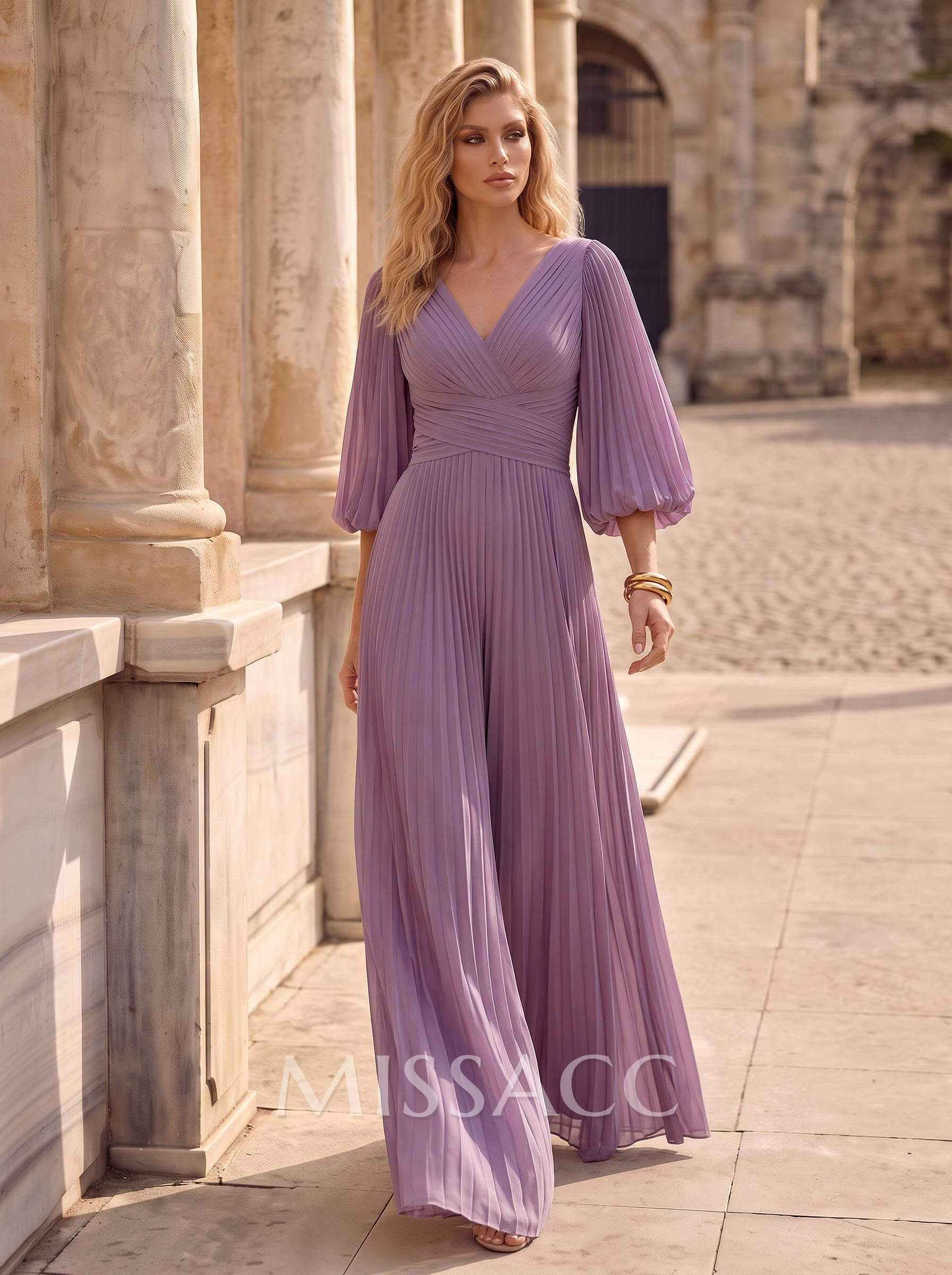 Jumpsuit/Pantsuit V-Neck 1/2 Sleeves Floor-Length Chiffon Evening Dresses With Pleated