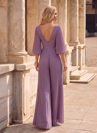 Jumpsuit/Pantsuit V-Neck 1/2 Sleeves Floor-Length Chiffon Evening Dresses With Pleated