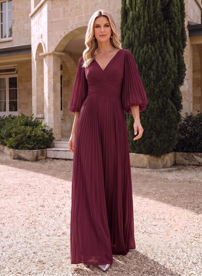 Jumpsuit/Pantsuit V-Neck 1/2 Sleeves Floor-Length Chiffon Evening Dresses With Pleated