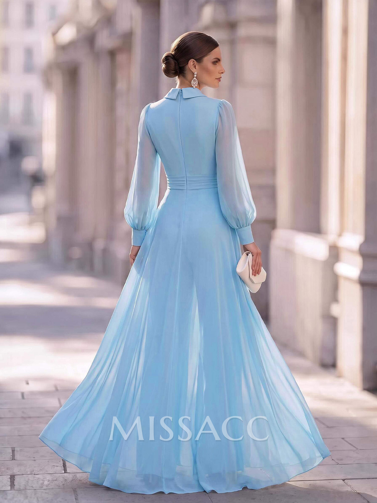 V-Neck Long Sleeve Floor-Length Chiffon Jumpsuit/Trouser Suit Evening Dress With Overskirt