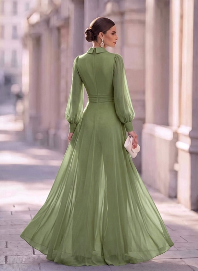 V-Neck Long Sleeve Floor-Length Chiffon Evening Jumpsuit With Overskirt