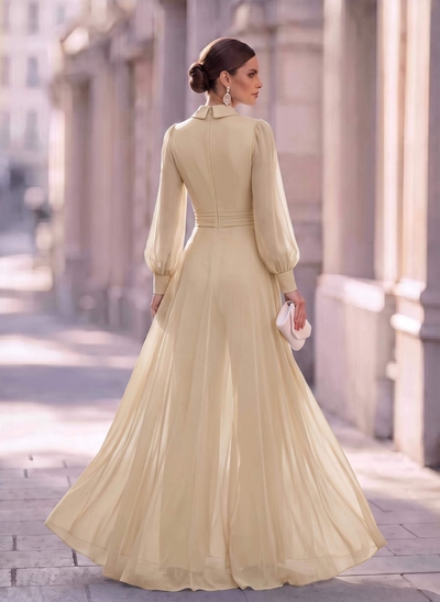 Jumpsuit/Pantsuit V-Neck Long Sleeves Floor-Length Chiffon Evening Dresses With Overskirt Dress