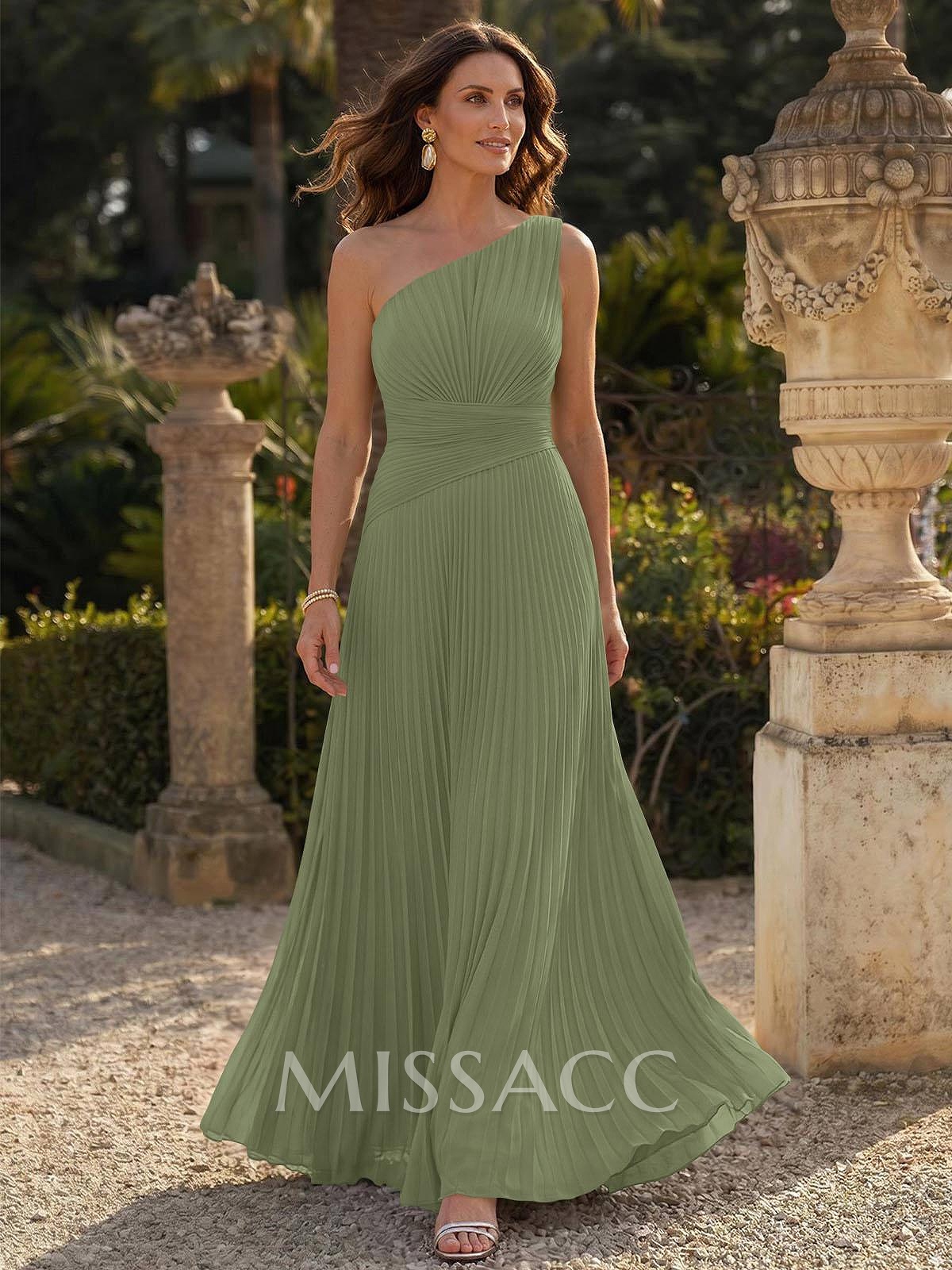 Pleated Chiffon One-Shoulder Sleeveless Maxi Column Evening Dress