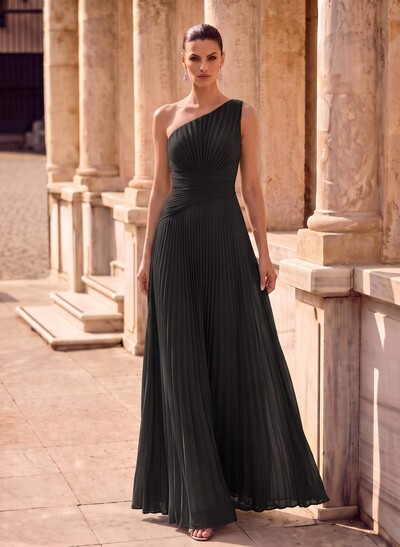 One-Shoulder Sleeveless Floor-Length Chiffon Sheath Evening Dress With Pleat Detailing