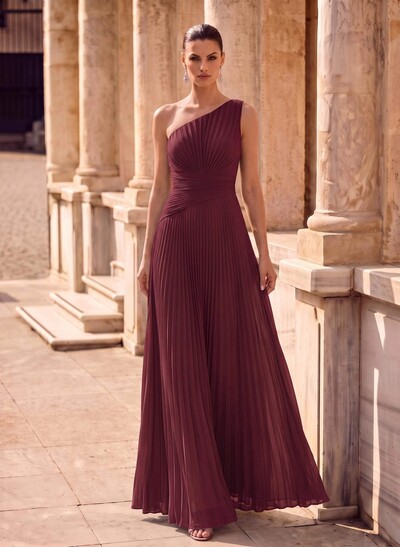 Sheath/Column One-Shoulder Sleeveless Floor-Length Chiffon Evening Dresses With Pleated