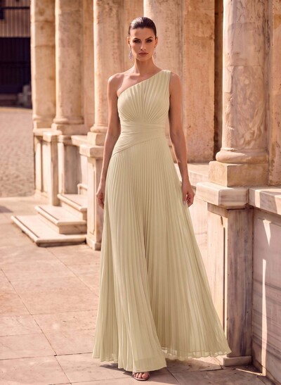 Sheath/Column One-Shoulder Sleeveless Floor-Length Chiffon Evening Dresses With Pleated