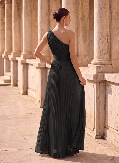 Pleated One-Shoulder Sleeveless Floor-Length Chiffon Sheath Evening Dress