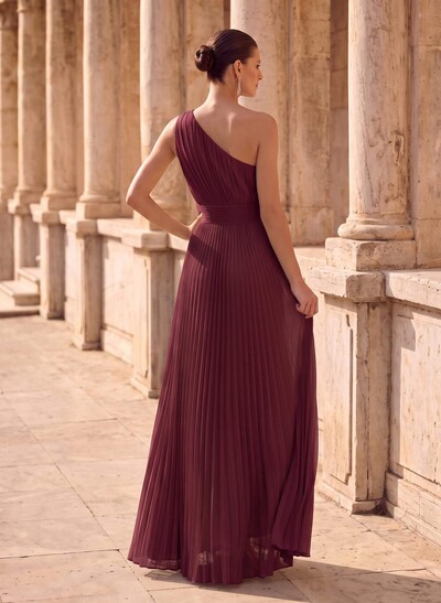 Pleated One-Shoulder Sleeveless Floor-Length Chiffon Sheath Evening Dress
