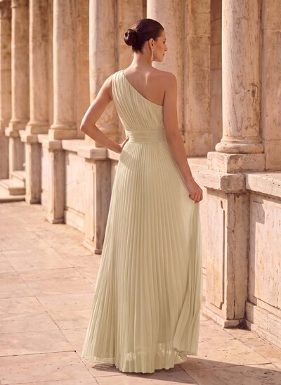 Pleated One-Shoulder Sleeveless Floor-Length Chiffon Sheath Evening Dress
