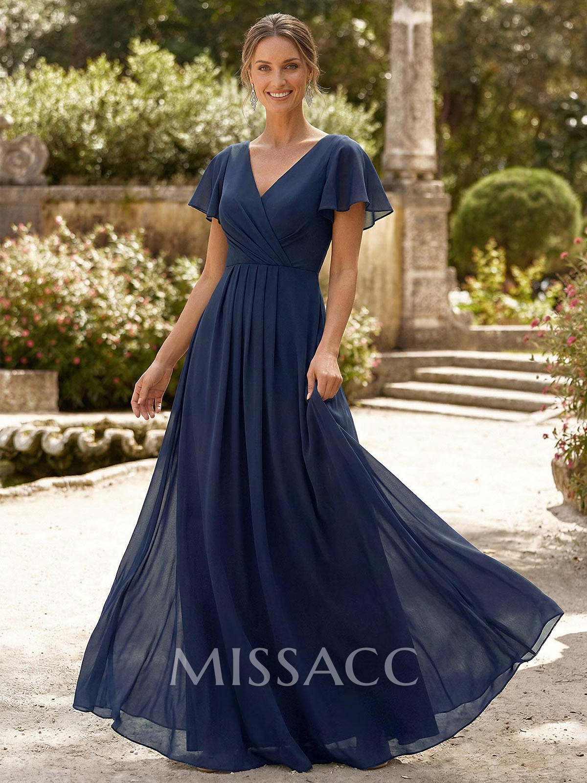 A-Line V-Neck Short Sleeve Maxi Chiffon Evening Dress With High Split