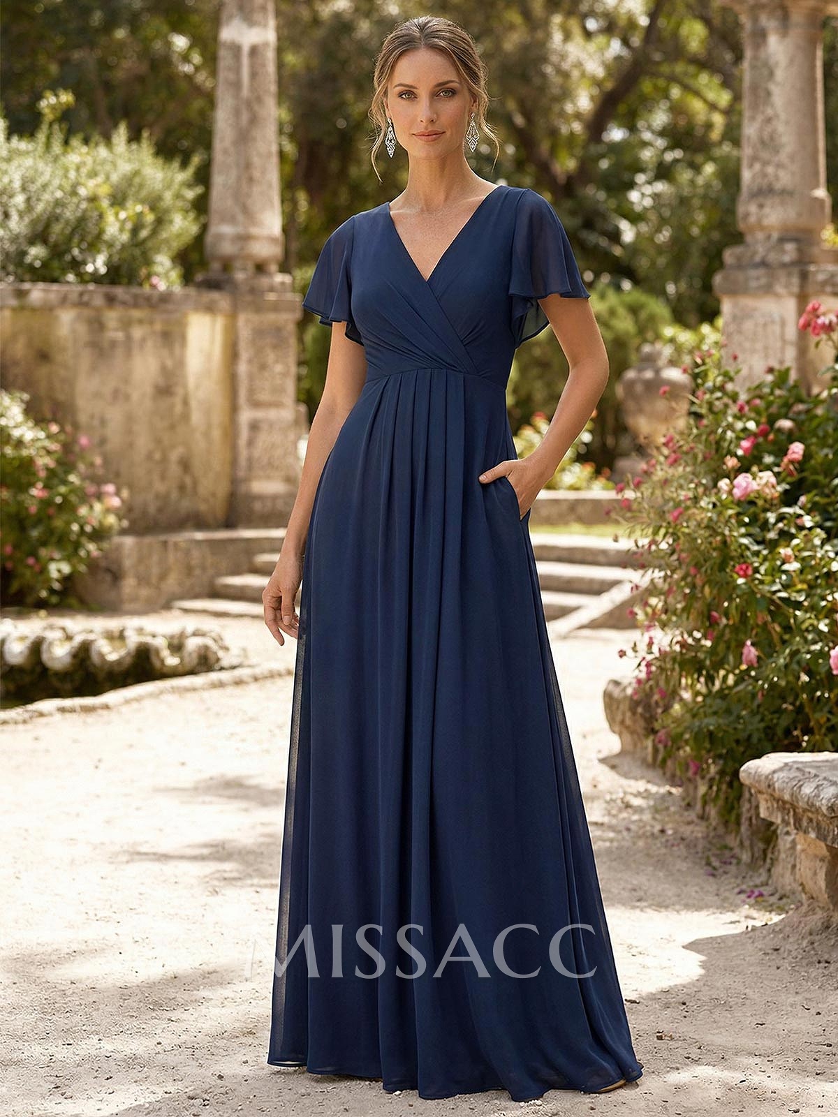 A-Line V-Neck Short Sleeve Maxi Chiffon Evening Dress With High Split