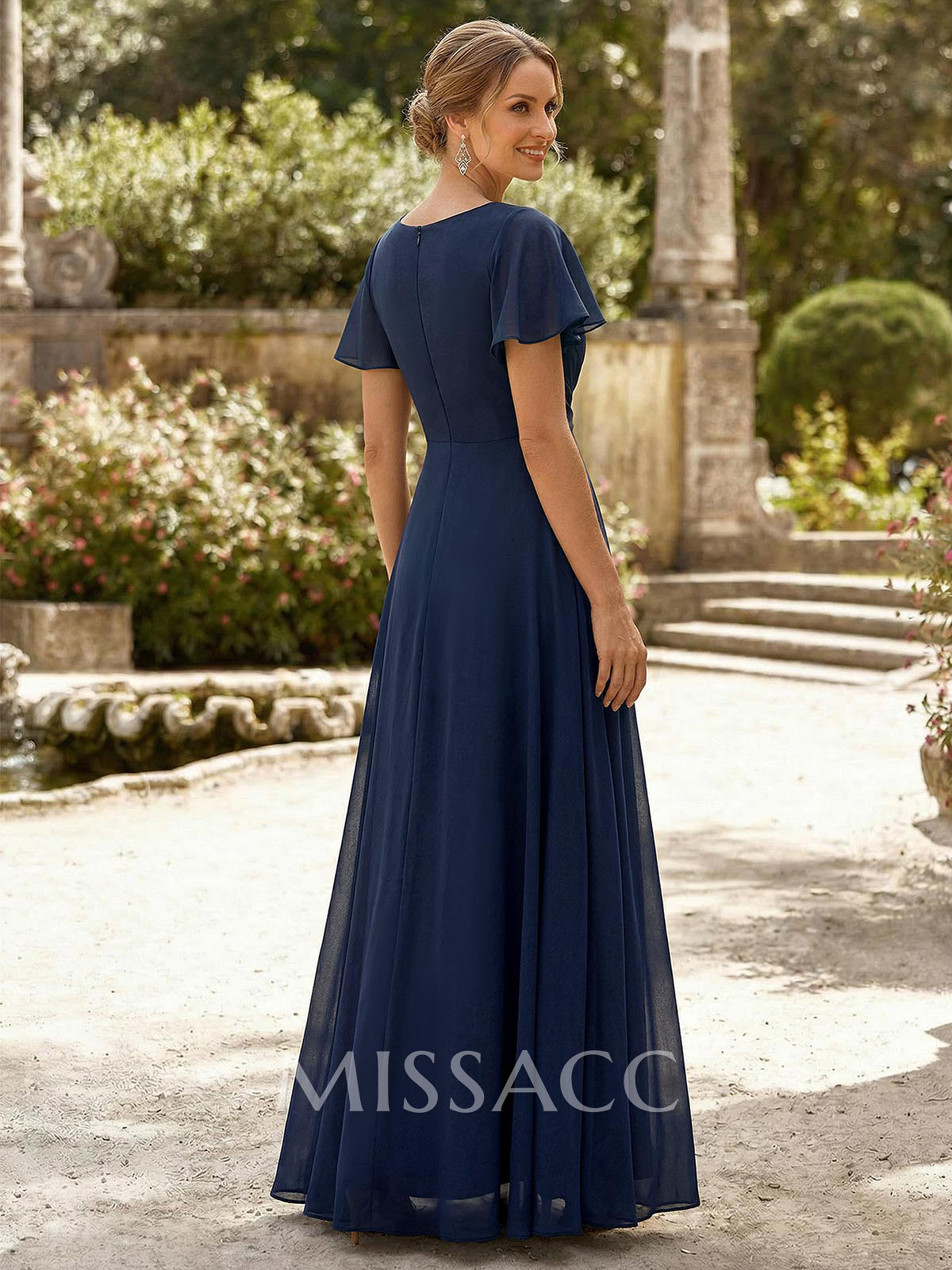 A-Line V-Neck Short Sleeve Maxi Chiffon Evening Dress With High Split