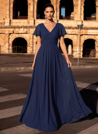 A-Line V-Neck Short Sleeves Floor-Length Chiffon Evening Dresses With High Split