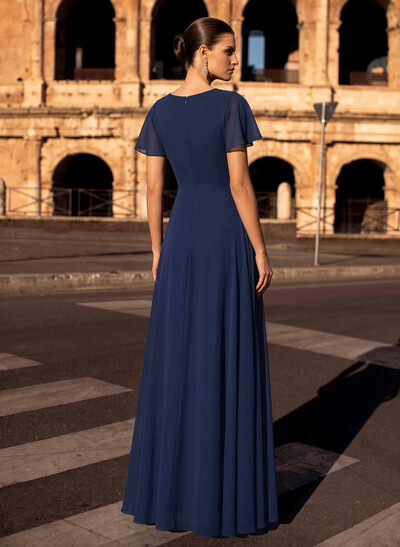 A-Line V-Neck Short Sleeves Floor-Length Chiffon Evening Dresses With High Split
